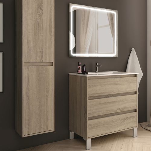 Meuble de salle de bain simple vasque 3 tiroirs TIRIS 3C et miroir Led VELDI cambrian (ch&ecirc;ne) 100cm - COSYNEO - SIRTIRIS100VELDICAM pas cher