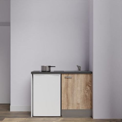 Kitchenette K08L-PT 120cm avec plan de travail et évier + emplacement frigo façade chêne/PT noir/évier gris - CUISIBANE - K08CH-PT120N-C54G pas cher Principale L