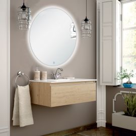 Meuble de salle de bain simple vasque 1 tiroir PENA et miroir rond Led SOLEN bambou (chêne clair) 80cm - COSYNEO - GIBPENA80SOLENBAM pas cher Principale M