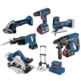 Pack 18V Bosch 6 outils (GSR60/GBH21/GWS7/GKS57/GST18/GSA18) + 4x4.0Ah + Diable photo du produit Principale M