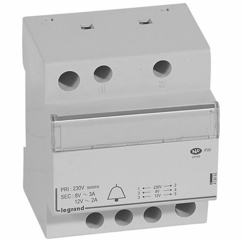 Transformateur pour sonnerie 230V vers 12V ou 8V 24VA 4 modules - LEGRAND - 413092 pas cher