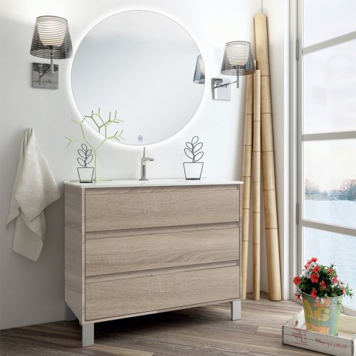 Meuble de salle de bain simple vasque 3 tiroirs TIRIS 3C et miroir rond Led SOLEN cambrian (chêne) 80cm - COSYNEO - SIRTIRIS80SOLENCAM pas cher