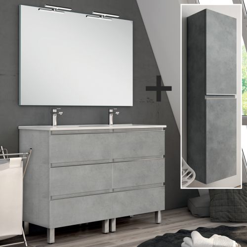 Ensemble meuble de salle de bain 120cm double vasque + colonne de rangement PALMA ciment (gris) - COSYNEO - ING3CPALMA120COLCIM pas cher