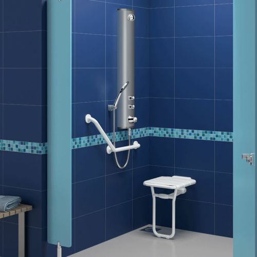 Siège de douche en inox fintion époxy blanc fixation murale et pied