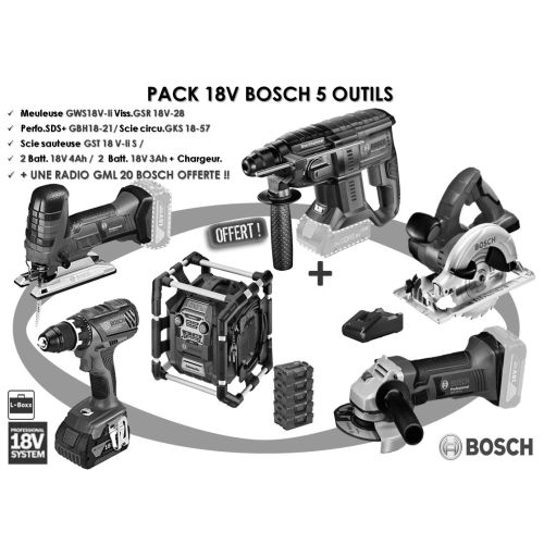 Pack 18V 5 outils (GSR28/GST18/GBH21/GKS57/GWS18) 2x3Ah / 2x4Ah en L-BOXX - BOSCH pas cher