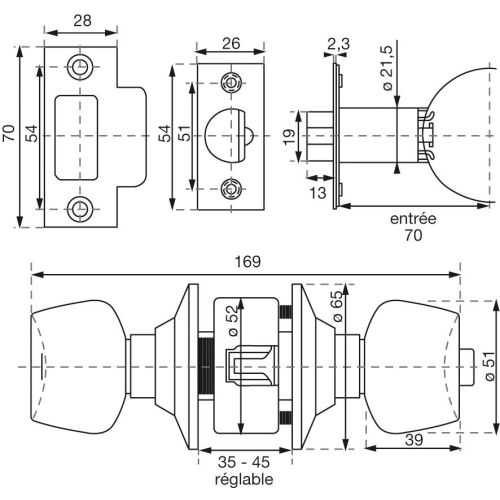 Serrure tubulaire cylindre V5 bouton ext&eacute;rieur fixe inox VACHETTE V5804-X photo du produit Secondaire 2 L