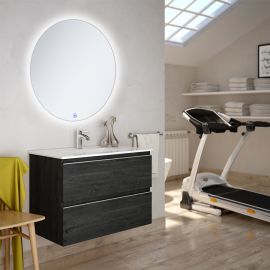 Meuble de salle de bain simple vasque 2 tiroirs BALEA et miroir rond Led SOLEN ebony (bois noir) 80cm - COSYNEO - INGBALEA80SOLENEBO pas cher Principale M