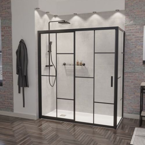 Paroi de douche en angle style Atelier sérigraphié avec cadre ATELIA 170x90cm coulissant fixe noir mat - CUISIBANE - PC-AC6ATE_170x90NM pas cher Secondaire 1 L