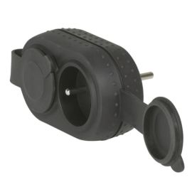 Fiche biplite Legrand étanche IP44 avec 2 prises 2P+T 16 A 230 V frontales antichoc avec 2 bouchons - caoutchouc noir - 050470 photo du produit Principale M