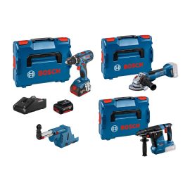 Pack 3 outils 18V Bosch (GBH24 + GSR28 + GWS10P) + collecteur poussière GDE 18V-16 + 2 batteries 4 Ah + chargeur + coffrets L-BOXX photo du produit Principale M