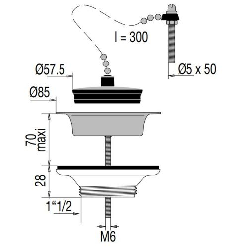 Bonde d’évier PVC D60 70l/min avec bouchon-chaînette - VALENTIN - 00 701100 000 00 pas cher Secondaire 1 L