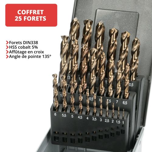 Coffret de 19 forets en acier rapide HSS-Cobalt 5% - Ame renforcée