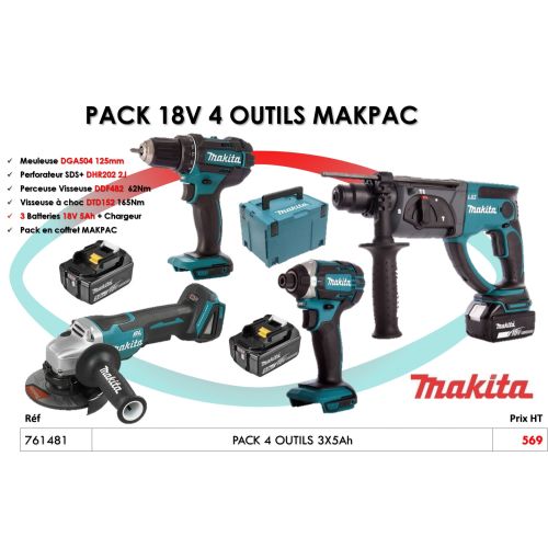 Pack de 4 outils Makita 18 V (DGA - DHR - DDF - DTD) + 3 batteries 5 Ah + chargeur + Makpac photo du produit Secondaire 1 L