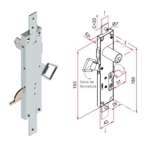 Serrure de persienne 3 points épaisseur 13mm cylindre 14mm zingué blanc - TIRARD - CA114310 pas cher Secondaire 1 L