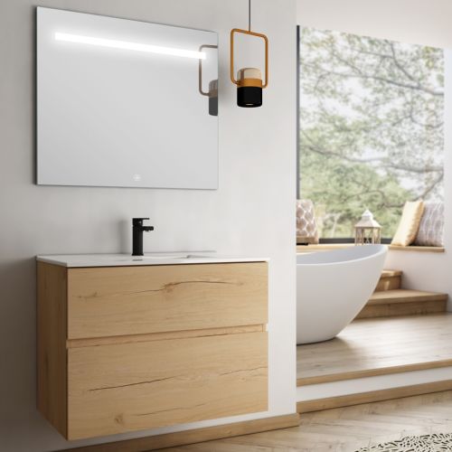 Meuble de salle de bain simple vasque 2 tiroirs MIG et miroir Led STAM roble (chêne clair) 70 cm COSYNEO - NIZMIG70STAMROB photo du produit