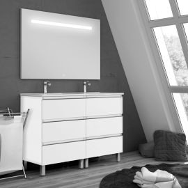 Meuble de salle de bain Cosynéo double vasque à 6 tiroirs PALMA et miroir Led STAM 120 cm pas cher Principale M