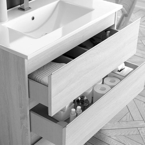 Meuble de salle de bain simple vasque 2 tiroirs BALEA et miroir Led VELDI hibernian (bois blanchi) 60cm - COSYNEO - INGBALEA60VELDIHIB pas cher Secondaire 2 L