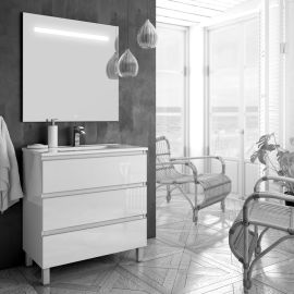 Meuble de salle de bain Cosyn&eacute;o simple vasque &agrave; 3 tiroirs PALMA et miroir Led STAM pas cher Principale M