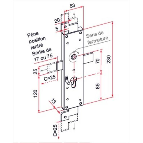 Serrure de volet 3&egrave;me point court gauche acier zingu&eacute; &ndash; TIRARD - CE112204 pas cher Secondaire 3 L