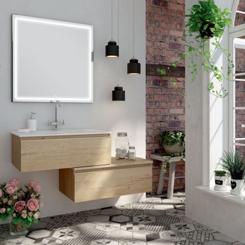 Meuble de salle de bain simple vasque 1 tiroir PENA et miroir Led VELDI bambou (chêne clair) 120cm - COSYNEO - GIBPENA120VELDIBAM pas cher