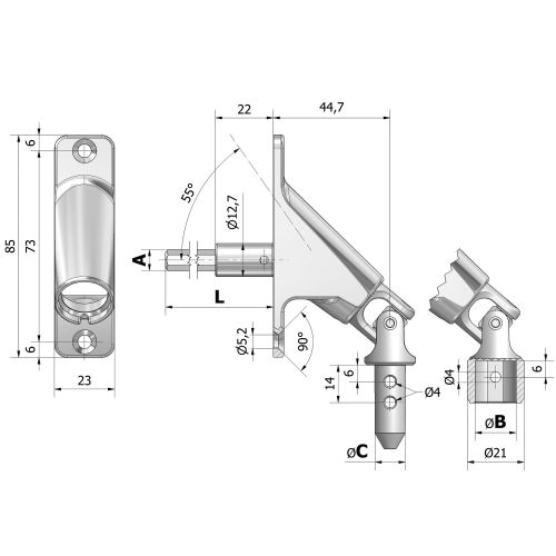 Sortie 90° tringle acier hexagonale + platine zamac 85 x 22 mm nickelé CHERUBINI 78407038V1316 photo du produit Principale L