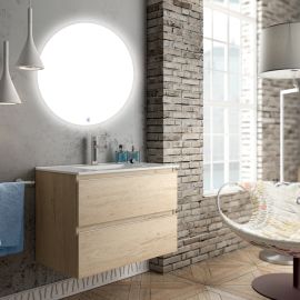 Meuble de salle de bain simple vasque 2 tiroirs BALEA et miroir rond Led SOLEN bambou (chêne clair) 70cm - COSYNEO - INGBALEA70SOLENBAM pas cher Principale M