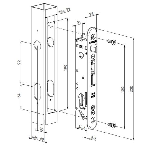 Serrure à encastrer FORTYLOCK tout en inox 20 mm pour profil 40 mm LOCINOX P00007978 photo du produit Secondaire 1 L