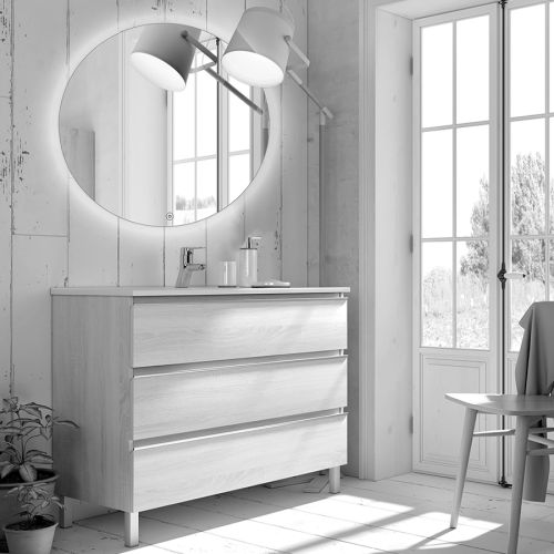 Meuble de salle de bain simple vasque 3 tiroirs PALMA et miroir rond Led SOLEN hibernian (bois blanchi) 60cm - COSYNEO - ING3CPALMA60SOLENHIB pas cher