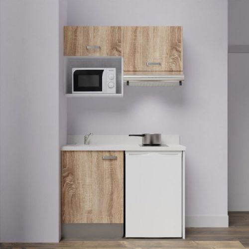 Kitchenette K02L 120cm avec plan monobloc, emplacement frigo, hotte et micro-ondes chêne/snova (blanc) évier à gauche - CUISIBANE - K02CH-P120SN-G pas cher Secondaire 2 L