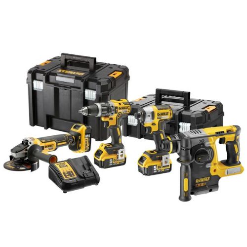 Pack 4 outils 18 V XR (DCH273 + DCG405 + DCD796 + DCF887) + 3 batteries 5 Ah + chargeur + coffret T-Stak DEWALT DCK422P3T-QW photo du produit