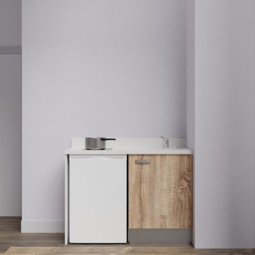 Kitchenette sans meuble haut K08L 120cm avec plan monobloc et emplacement frigo top chêne/snova (blanc) évier à droite - CUISIBANE - K08CH-P120SN-D pas cher Secondaire 2 L