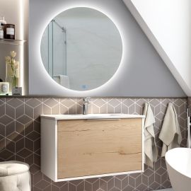 Meuble de salle de bain Cosynéo simple vasque à 1 façade à 2 tiroirs ALBA et miroir rond SOLEN 80 cm photo du produit Principale M
