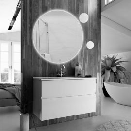 Meuble de salle de bain Cosynéo simple vasque à 2 tiroirs MIG et miroir rond Led SOLEN pas cher Principale M
