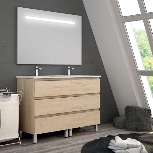 Meuble de salle de bain double vasque 6 tiroirs PALMA et miroir Led STAM bambou (chêne clair) 120cm - COSYNEO - ING3CPALMA120STAMBAM pas cher