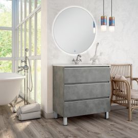 Meuble de salle de bain simple vasque 3 tiroirs PALMA et miroir rond Led SOLEN ciment (gris) 80cm - COSYNEO - ING3CPALMA80SOLENCIM pas cher Principale M