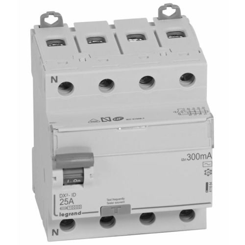 Interrupteur différentiel DX³-ID arrivée haute et départ bas à vis 4P 400 V type AC 4 modules 300mA 25A - LEGRAND - 411664 pas cher