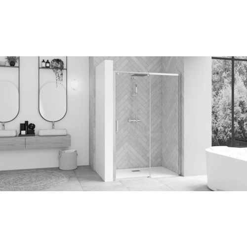 Paroi de douche SMART DESIGN coulissant 157x170 blanc verre transparent sans seuil gauche C-2 - KINEDO - PA9237BTNEG-2 pas cher