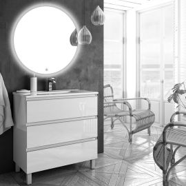 Meuble de salle de bain Cosynéo simple vasque à 3 tiroirs PALMA et miroir rond Led SOLEN pas cher Principale M