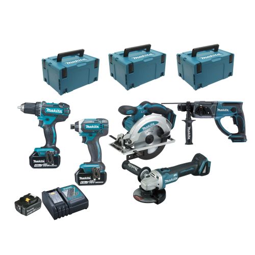 Pack de 5 outils 18 V  (DGA504 / DHR202 / DDF482 / DSS610 / DTD152) + 3 batteries 5 Ah + chargeur + coffret MAKPAC MAKITA PROMOPACK13 photo du produit