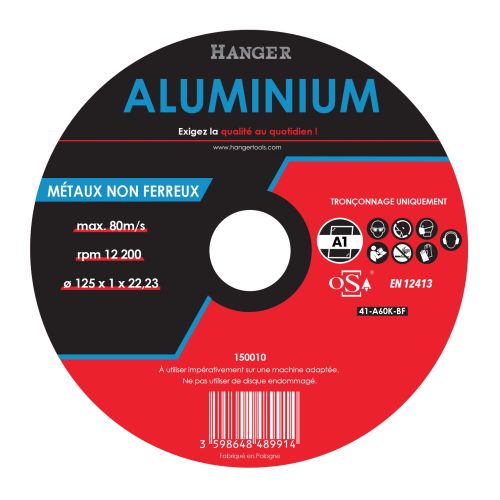 Disque à tronçonner aluminium 125 x 22,23 x 1 mm plat HANGER 150010 photo du produit Principale L