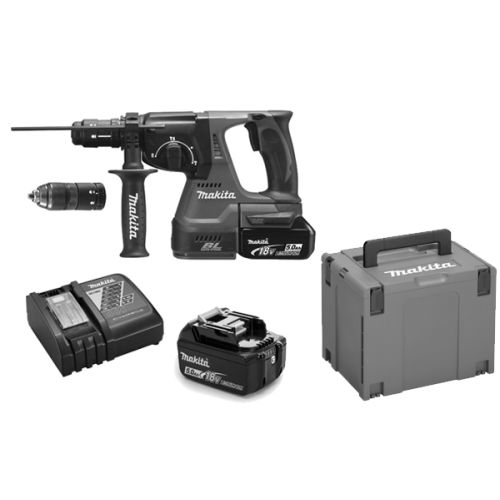 Perfo-burineur SDS Plus 18V + 2 batteries 5Ah + chargeur + coffret MAKPAC - MAKITA - DHR243RTJ pas cher