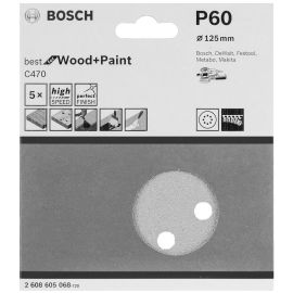 5 disques abrasifs Bosch C470 Best for Wood+Paint 125 mm 8 trous G60 pour ponceuses excentriques - 2608605068 pas cher Principale M