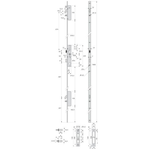 Serrure 3 points TF3 à pêne crochet et pêne dormant tour de coffre 45mm têtières en U 22x6mm - STREMLER - 6470.45.1B pas cher Secondaire 1 L