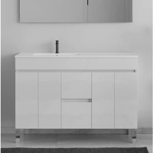 Meuble de salle de bain HARO 120cm sur pieds avec vasque déporté sans miroir portes et tiroirs blanc - COSYNEO - NILHARO120DBLAB pas cher