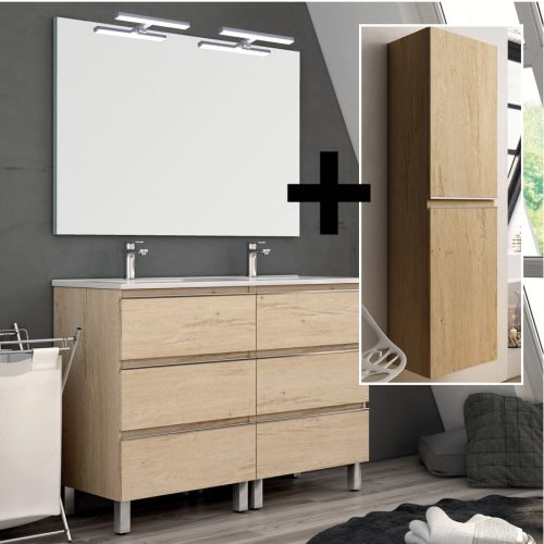 Ensemble meuble de salle de bain 120 cm double vasque + colonne de rangement PALMA bambou (chêne clair) COSYNEO - ING3CPALMA120COLBAM photo du produit