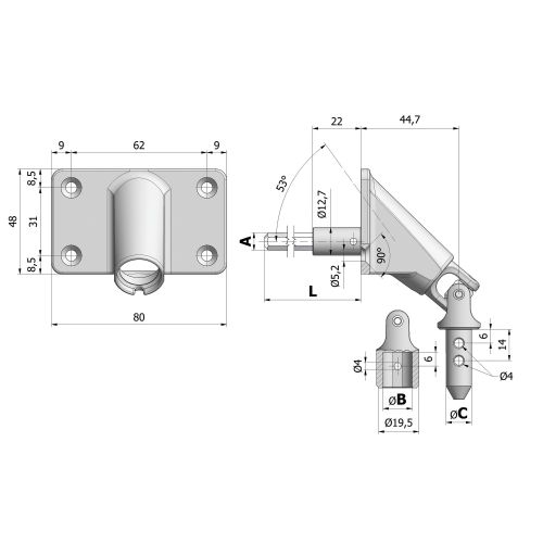 Sortie de caisson 90° tige d'entrainement acier hexagonale + platine zamac 80x48mm nickelé CHERUBINI 78457038V13NKM photo du produit Principale L