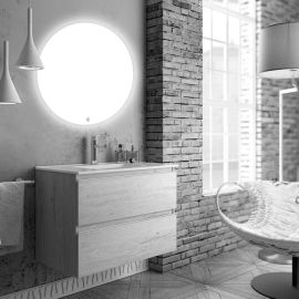 Meuble de salle de bain Cosynéo simple vasque à 2 tiroirs BALEA et miroir rond Led SOLEN pas cher Principale M