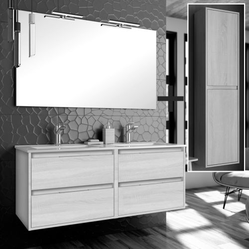 Ensemble meuble de salle de bain 120cm double vasque + colonne de rangement IRIS hibernian (bois blanchi) - COSYNEO - SIRIRIS120COLHIB pas cher