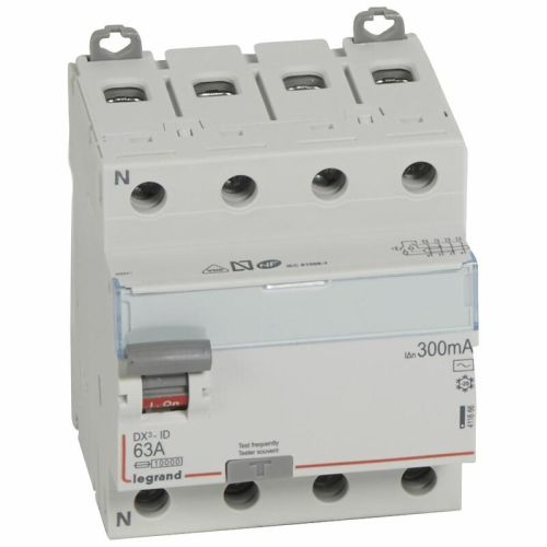 Interrupteur différentiel DX³-ID arrivée haute et départ bas à vis 4P 400 V type AC 4 modules 300 mA 63 A - LEGRAND - 411666 pas cher