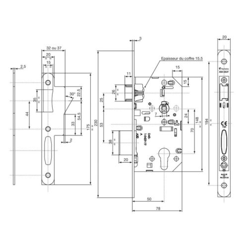 Serrure monopoint à larder D458 urgence axe 50mm T20 bout rond finition noir - VACHETTE - 14500000 pas cher Secondaire 1 L